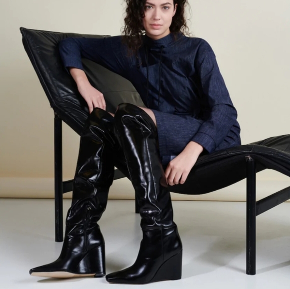 NWT Zara Leather Over The Knee Wedge Heel Boots, Size 7.5 - Picture 3 of 17